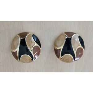 Vintage Clip-On Earrings Beige Brown Black Enamel Estate Jewelry Pre-Owned